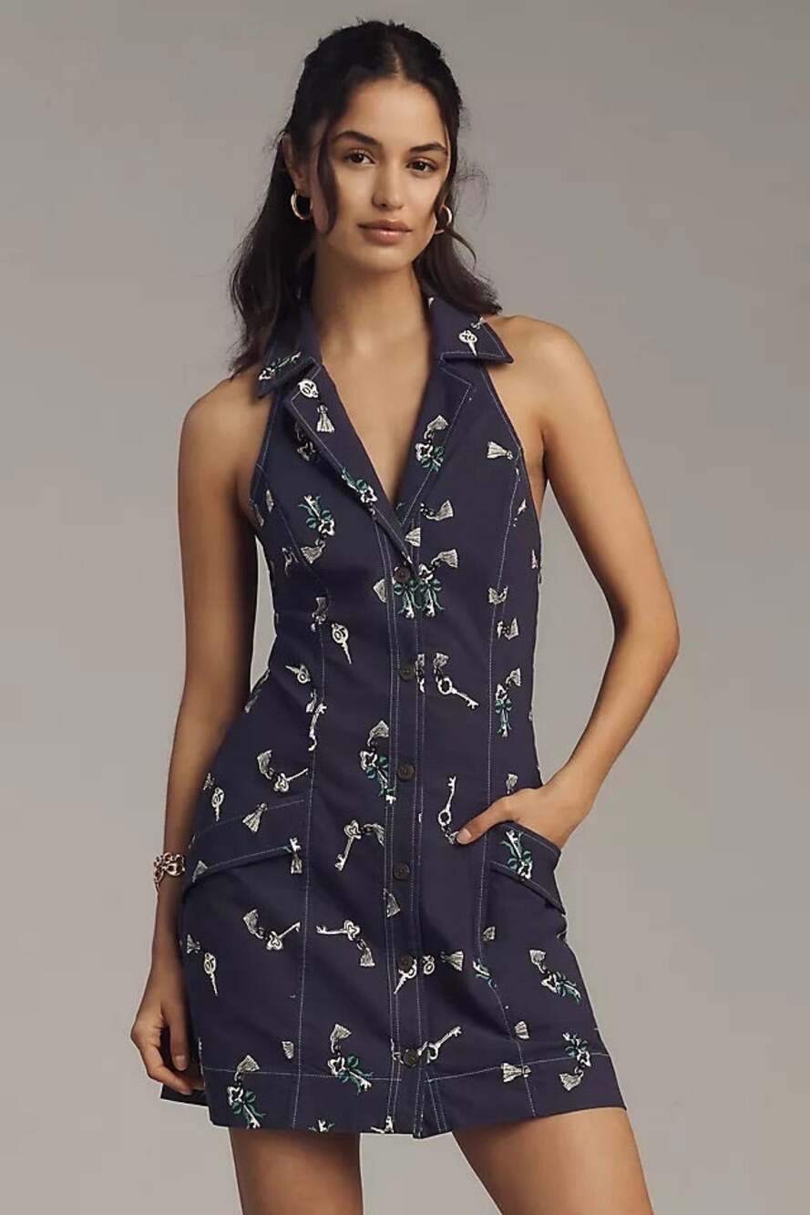Maeve Navy Retro Pinup Style Graphic Key Printed Mini Dress Collared Size XXS